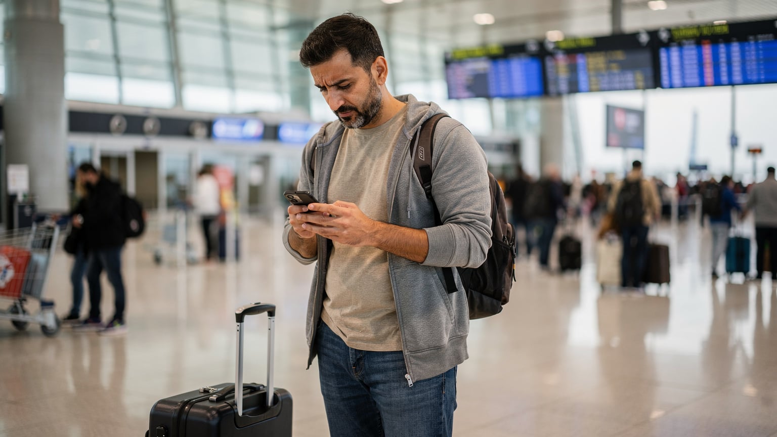 Un hombre frustrado en el aeropuerto de Estambul, mirando su teléfono con una expresión de preocupación, mientras otros viajeros pasan a su lado.