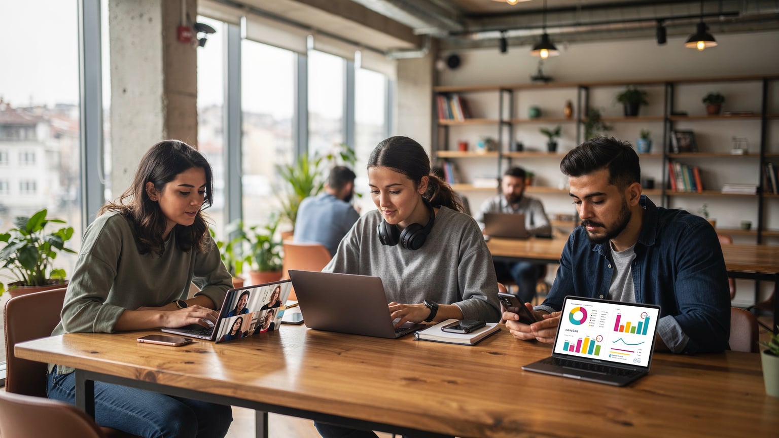 Un grupo de nómadas digitales trabaja en un moderno espacio de co-working en Karaköy, Estambul, con computadoras portátiles y teléfonos mostrando una conectividad fluida.