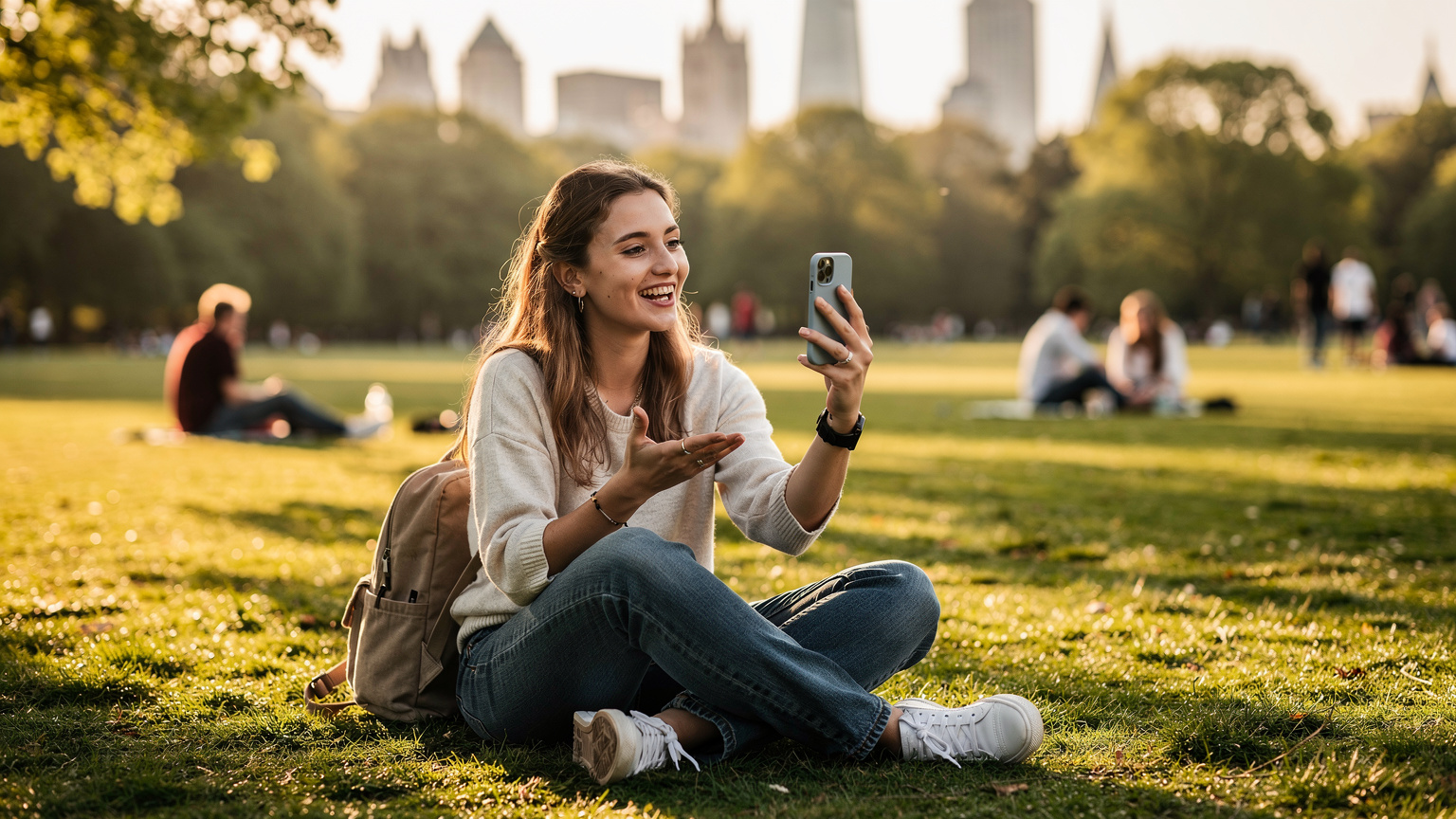 Szczęśliwy student Erasmusa, Polska Magdalena, siedzi na trawie w Regent's Park w Londynie, rozmawiając przez wideorozmowę z rodziną na swoim smartfonie. W tle widać zrelaksowanych ludzi i panoramę miasta.