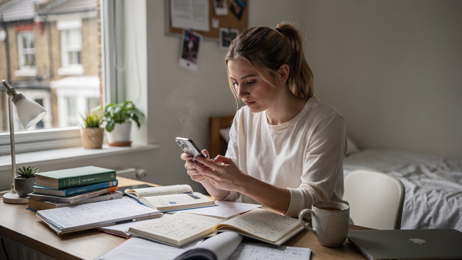Studentka siedzi przy biurku w akademiku w Londynie, przeglądając oferty eSIM na swoim smartfonie, z książkami i notatkami rozłożonymi wokół. Zza okna widać typową londyńską architekturę.