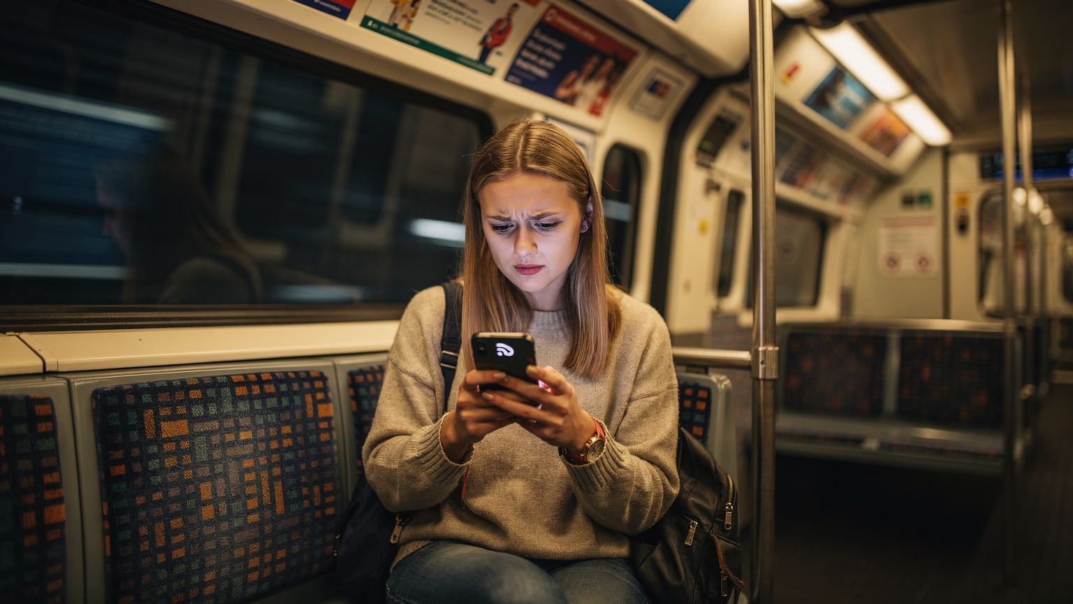 Studentka siedzi w popularnym londyńskim metrze (Tube), zamyślona, patrząc na swój telefon, na którym wyświetla się ikona braku zasięgu lub powolnego połączenia. W tle widać charakterystyczne wnętrze wagonu.