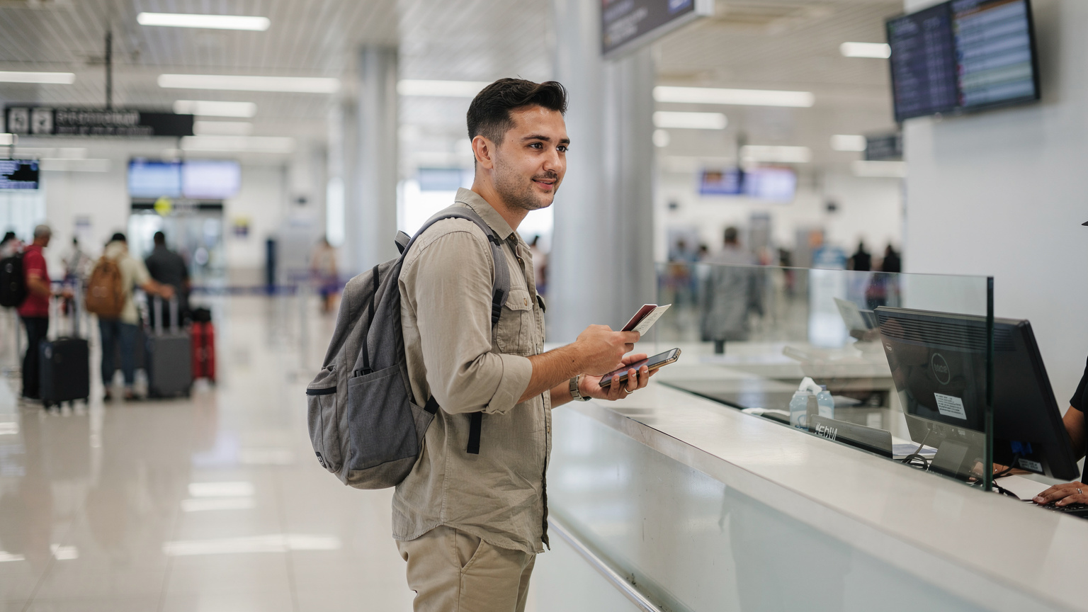 A digital nomad stands at an airport immigration counter, looking calm and collected, with their passport and phone easily accessible, ready for border crossing.