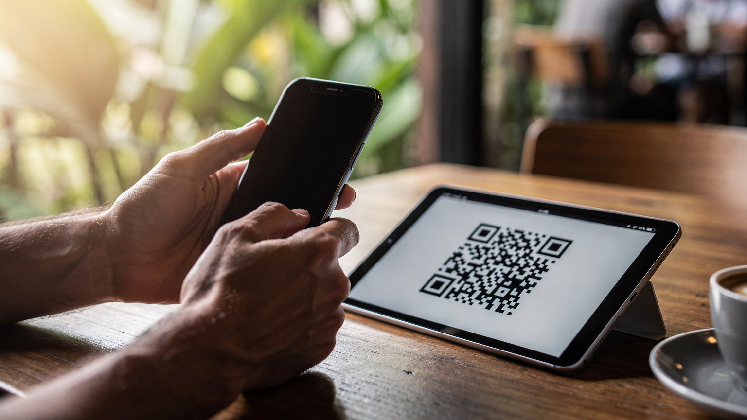 A person's hands holding a smartphone, scanning a QR code on a second screen to activate an eSIM, with a blurred backdrop of a cafe.