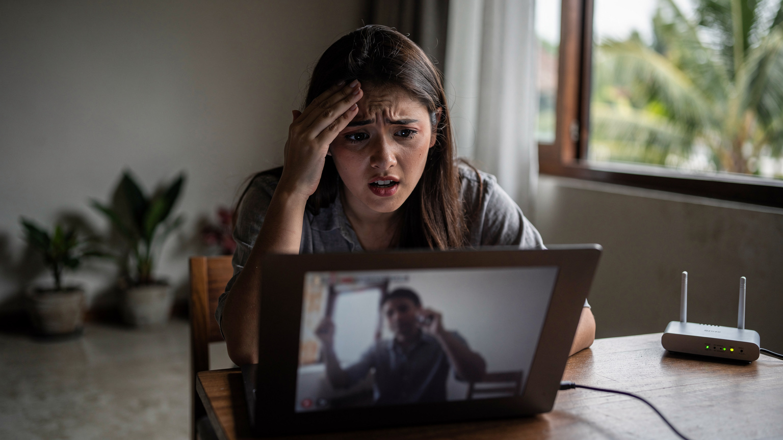 A digital nomad reacts with frustration as their laptop screen freezes during a video call, indicating a lost internet connection.
