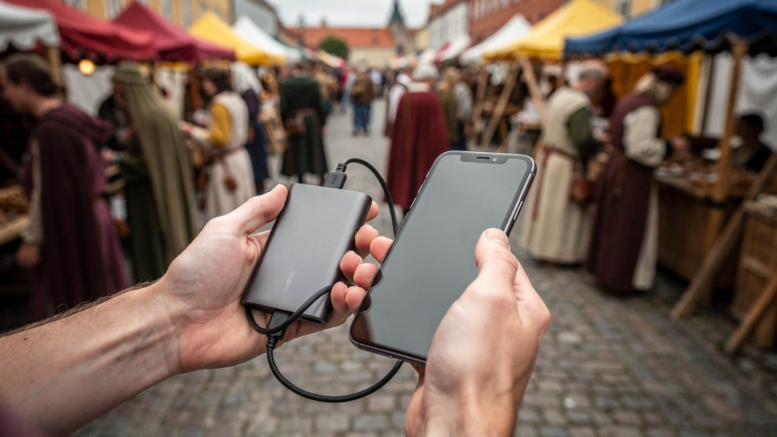 En hand håller en powerbank och laddar en smartphone mitt i folkvimlet på en medeltida marknad med bås och tält i bakgrunden.
