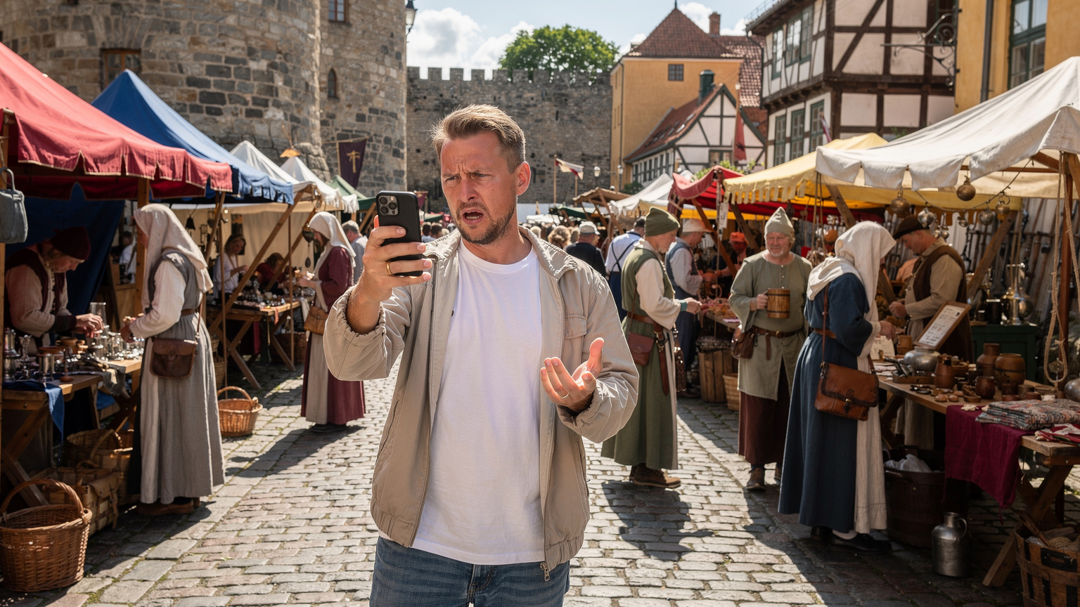 En medeltida marknadsplats i Visby, fylld med folk, där en besökare håller upp sin telefon och ser frustrerad ut över bristen på täckning.