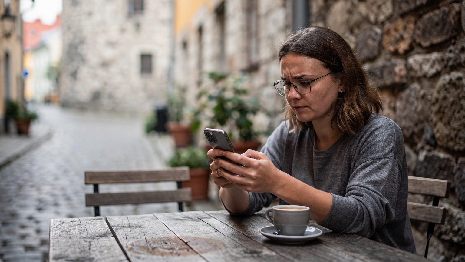 En person med en smartphone i handen sitter vid ett cafébord i Visby och ser fundersam ut, som om de läser en FAQ eller felsöker en uppkopplingsfråga.