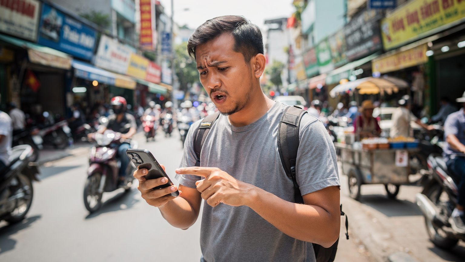 Seorang pria digital nomad sedang menunjuk ke peta digital di ponselnya, mencari arah di sebuah jalanan yang ramai di Ho Chi Minh City, Vietnam. Ekspresinya menunjukkan sedikit kebingungan.