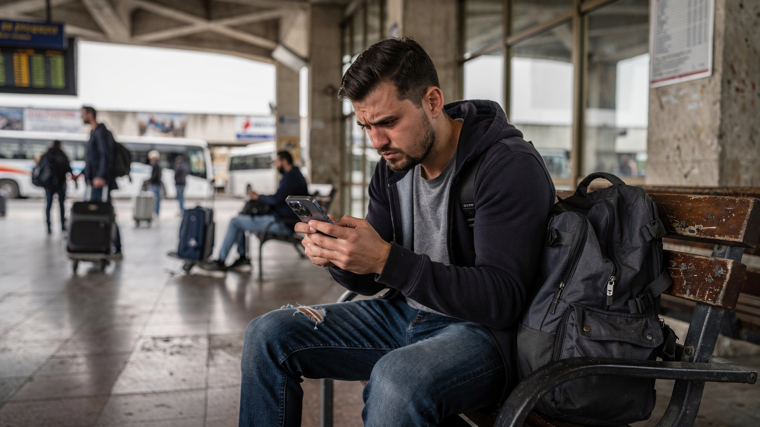 Unavený cestovateľ sedí na lavičke na autobusovej stanici v Skopje, pozerá na svoj Samsung Galaxy S26 s výrazom mierneho zúfalstva, možno kvôli vyčerpaným dátam alebo nefungujúcej lokálnej SIM karte.