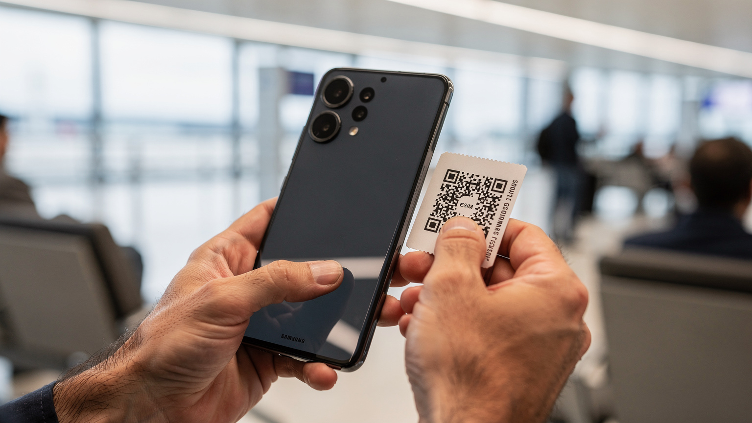 Zblízka záber na mužské ruky, ktoré držia Samsung Galaxy S26 a skenujú QR kód z vytlačenej letenky pre aktiváciu eSIM, na pozadí letiskovej haly.