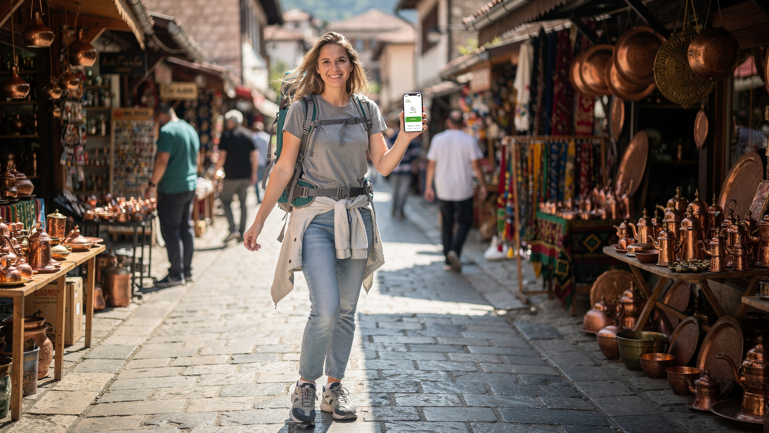 Žena sa usmieva, drží svoj iPhone 18 s aktivovaným eSIM, prechádza sa po rušnom trhu Baščaršija v Sarajeve, s miestnymi predajcami a historickou architektúrou v pozadí.