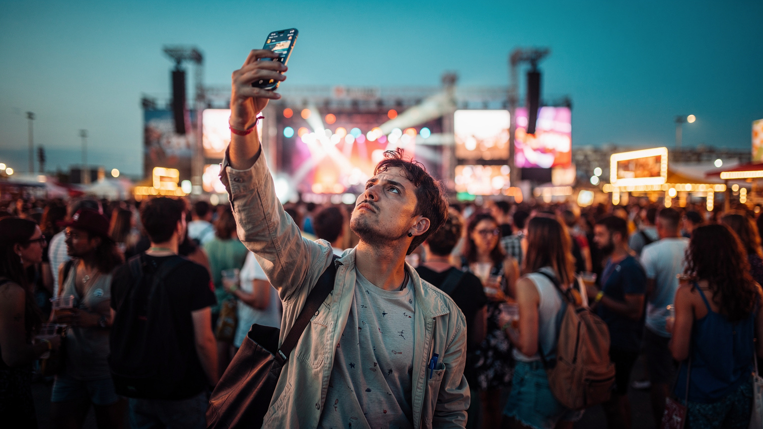 En travel festivalplass med folkemengder og musikk på en europeisk festival, hvor en person forsøker å bruke telefonen sin for å finne dekning.