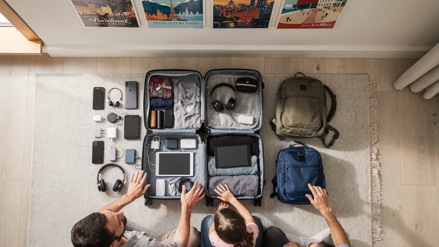 En familie pakker til festival i utlandet, med fokus på smarttelefoner, nettbrett og hodetelefoner, klare for reise og underholdning.