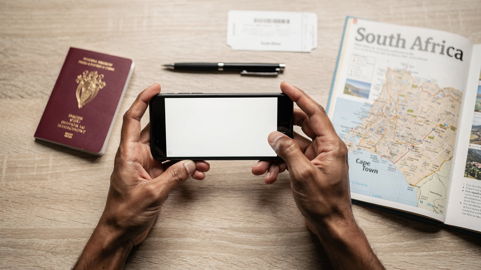 Twee handen houden een smartphone vast boven een tafel met een paspoort en een reisgids van Zuid-Afrika. De vingers tikken op het scherm, dat een QR-code toont voor eSIM-activering.