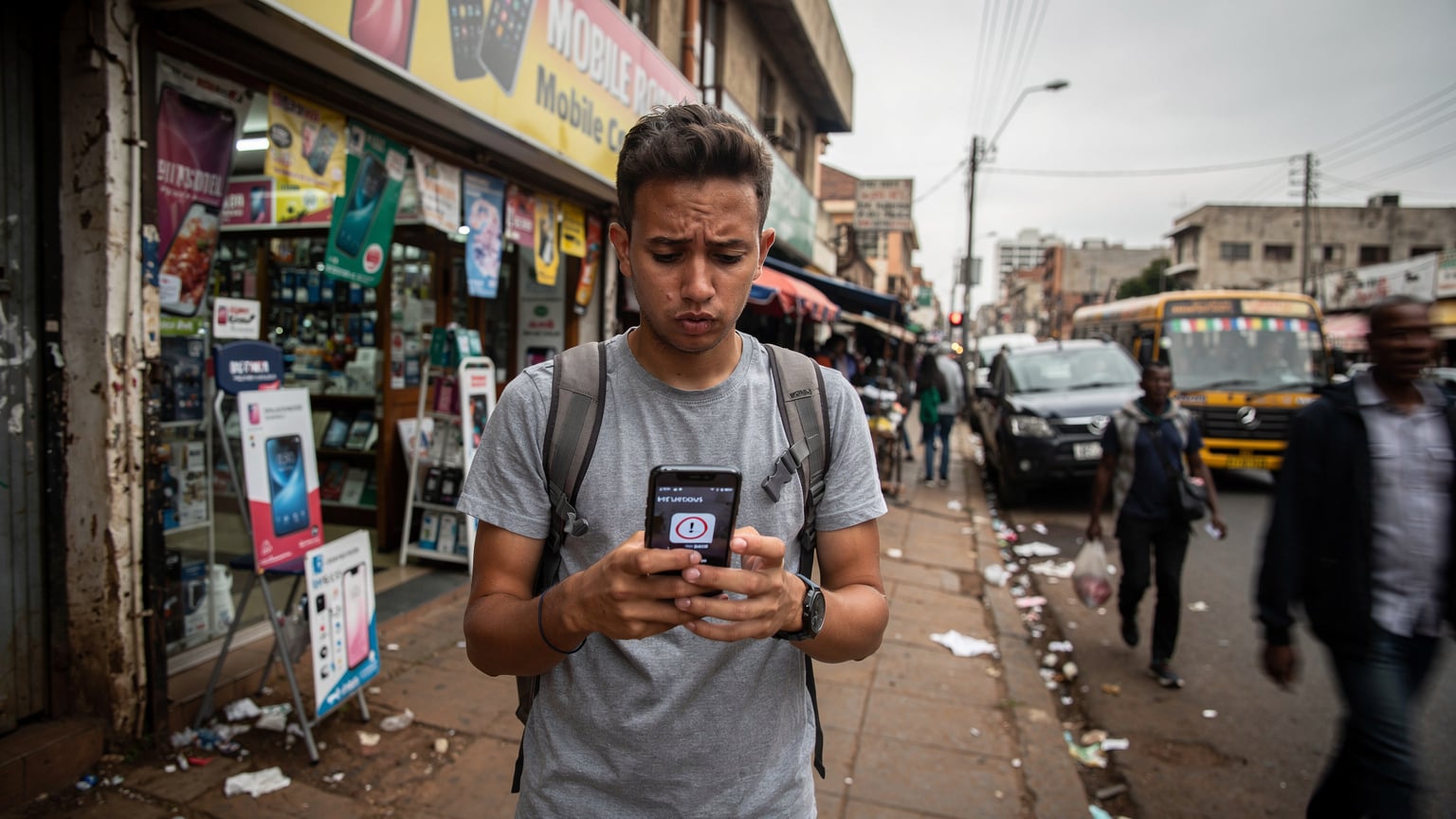Een reiziger staat met een beteuterd gezicht voor een onoverzichtelijke mobiele telefoonwinkel in een drukke winkelstraat in Johannesburg, terwijl ze naar haar telefoon kijkt met een foutmelding op het scherm. Lokale mensen lopen gehaast voorbij.