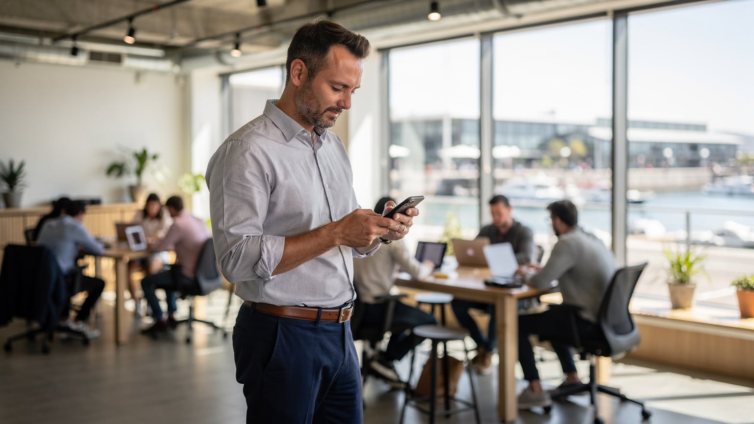 Lars van der Berg, een man van in de 40 met een smartphone, controleert de netwerksterkte bij een co-working space in het V&A Waterfront, Kaapstad. Achter hem is een modern, licht interieur zichtbaar met mensen die aan laptops werken.