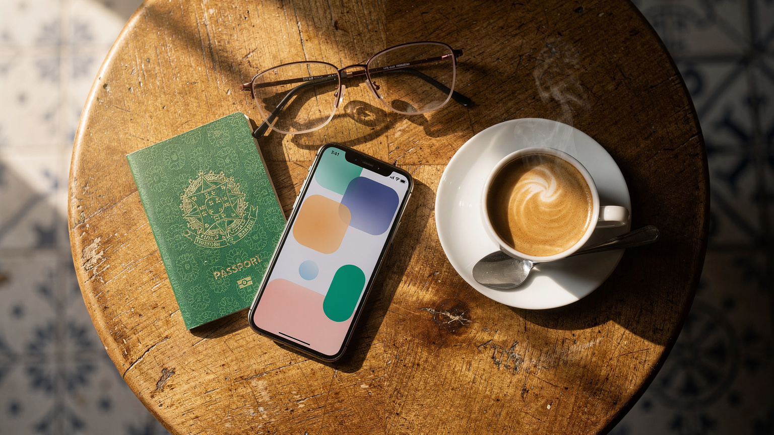 Uma mesa de café em um bistrô aconchegante em Lisboa, Portugal, com um smartphone mostrando um aplicativo de eSIM, um passaporte brasileiro, óculos de leitura e uma xícara de café, sob uma luz quente e suave.