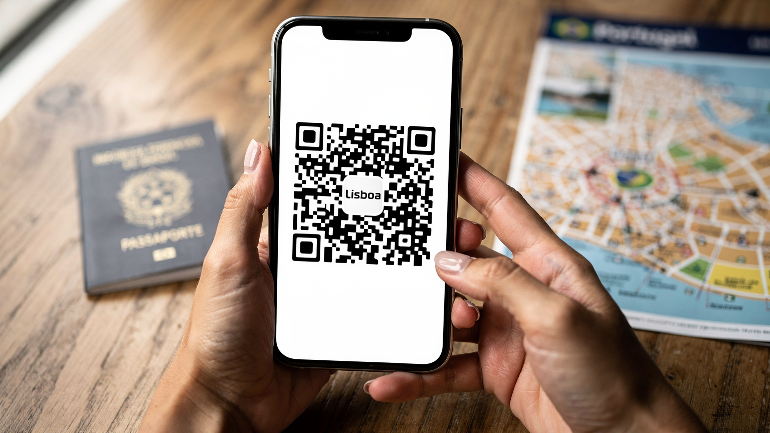 Mãos de uma mulher brasileira segurando um smartphone com um QR Code de ativação de eSIM visível na tela, com um passaporte e um mapa turístico de Portugal borrados no fundo, em uma mesa de café bem iluminada.