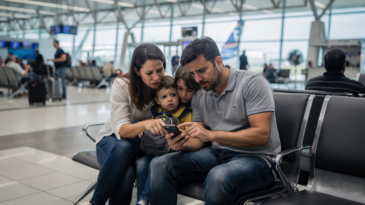 Uma família com crianças pequenas tentando se conectar a um Wi-Fi público instável em um saguão movimentado de aeroporto em Guarulhos, Brasil, com expressões de frustração nos rostos dos pais, sob a iluminação fria do aeroporto.