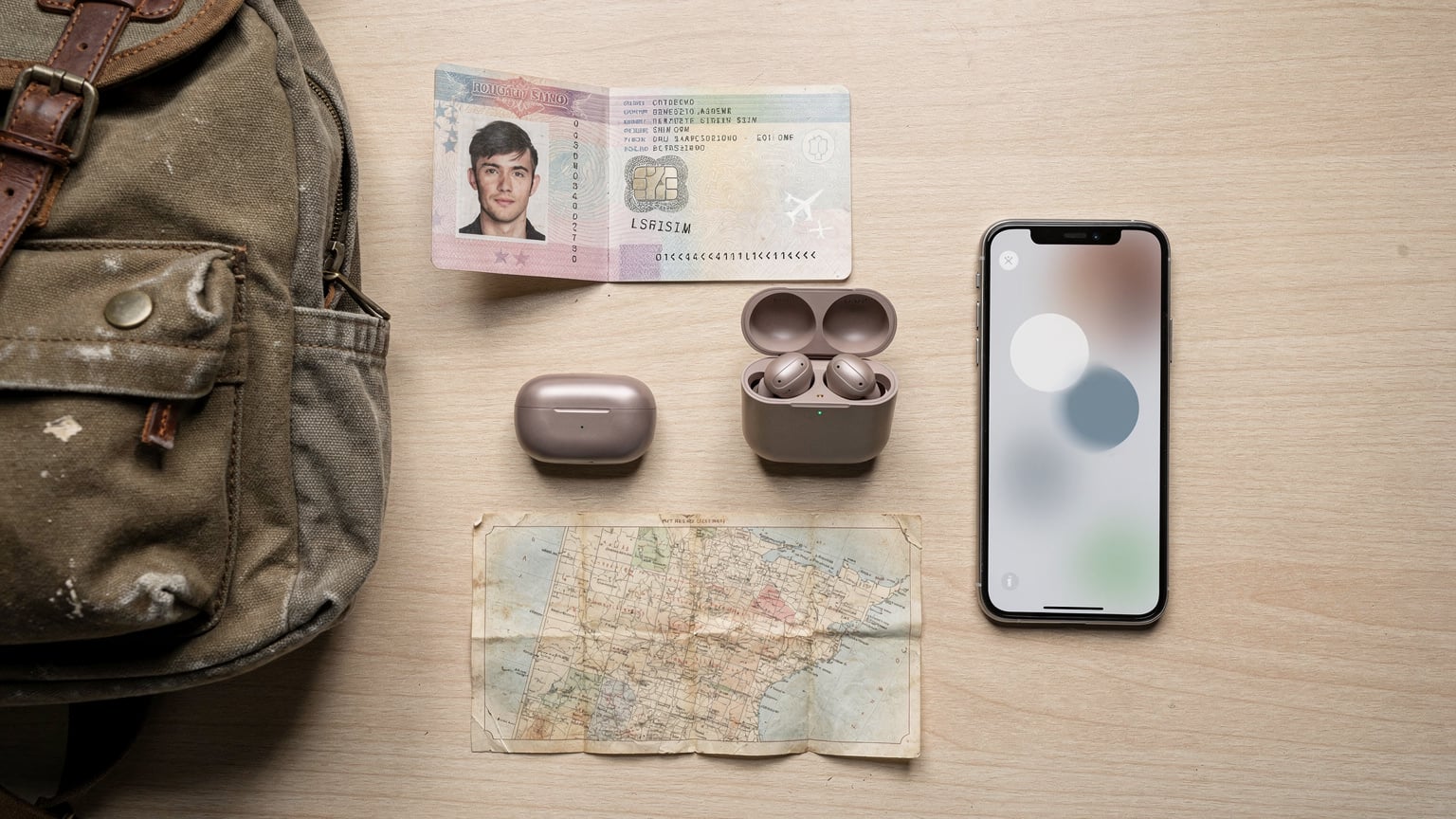 An overhead flat-lay of essential travel items: a passport, a smartphone with an eSIM notification, wireless headphones, a small folded map, and a minimalist backpack.