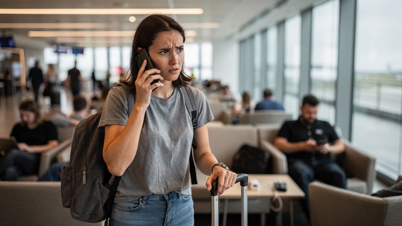 A woman traveller, looking concerned, holds her smartphone to her ear, trying to reach customer support in a busy, modern airport terminal lounge.