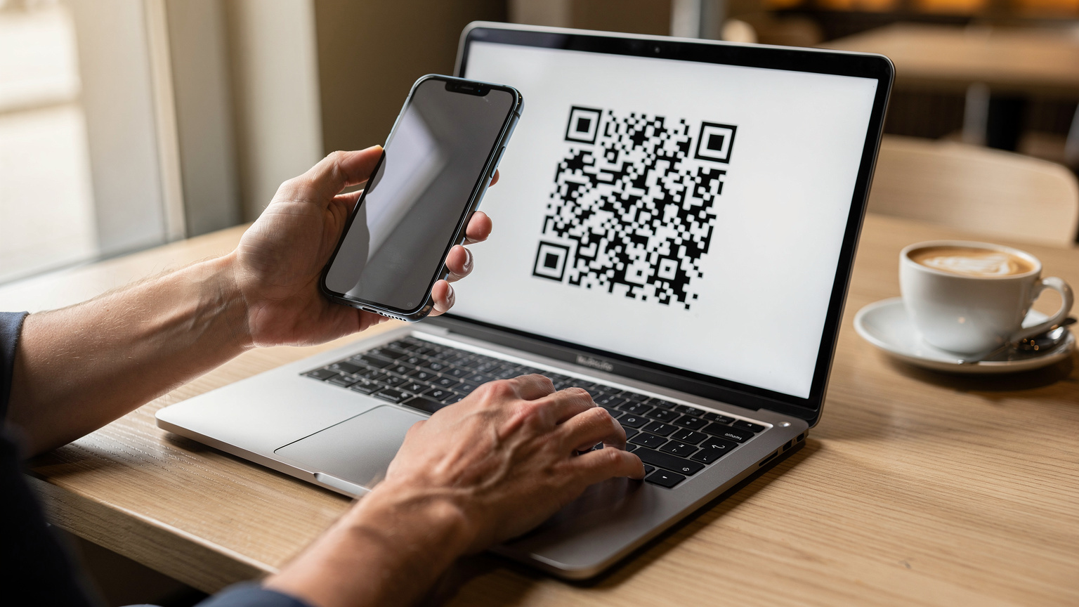 Human hands holding a smartphone, carefully scanning a digital QR code displayed on a laptop screen, with a subtle glow from the screens.