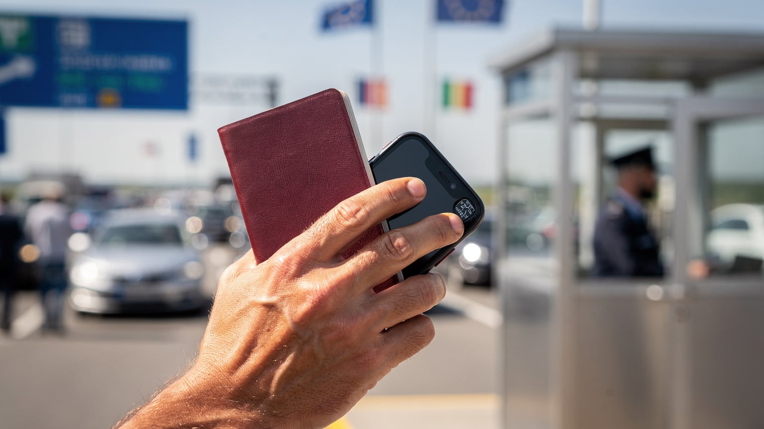 A close-up of a person's hand holding a passport and a smartphone, with a blurred backdrop of an international border crossing, showcasing various national flags.