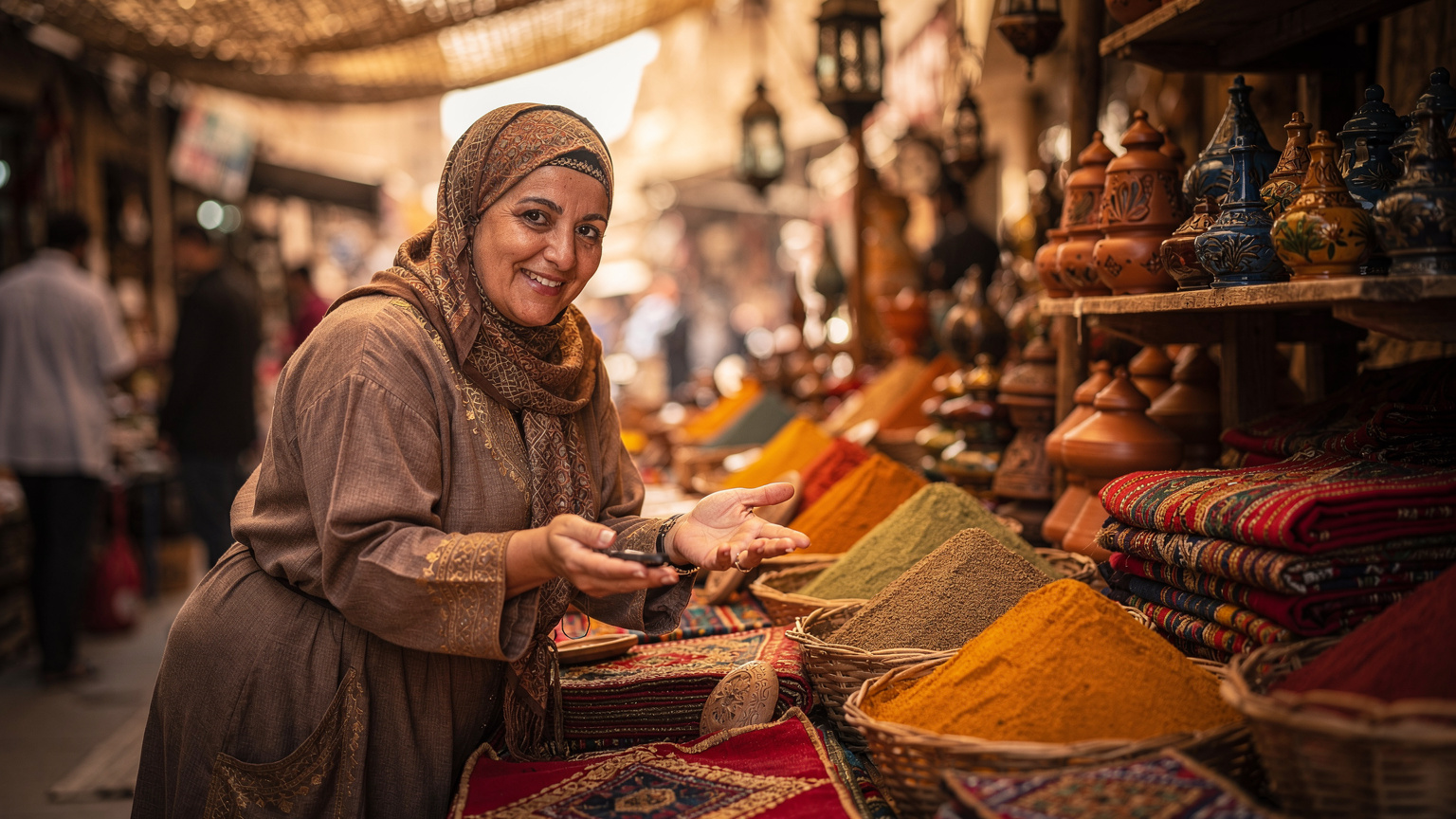 Une vendeuse souriante dans un souk égyptien.