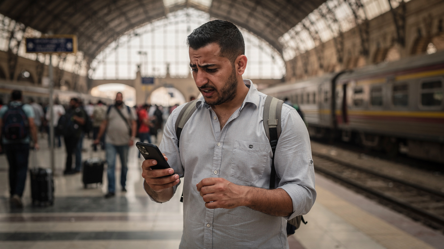 Un voyageur frustré avec son téléphone devant une station de train au Caire.