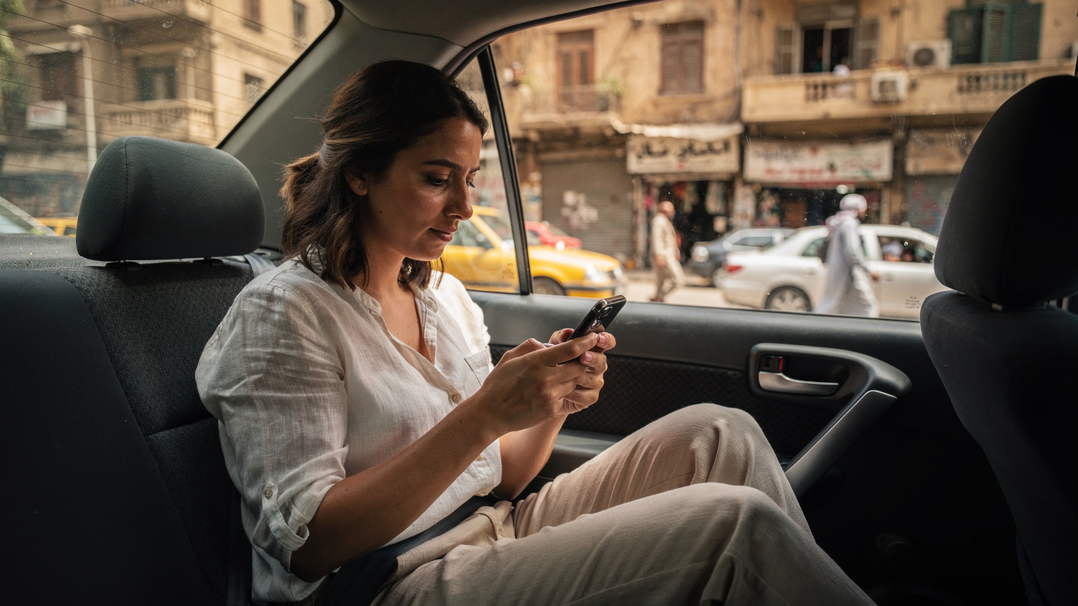 Une femme consulte son téléphone dans un taxi au Caire.