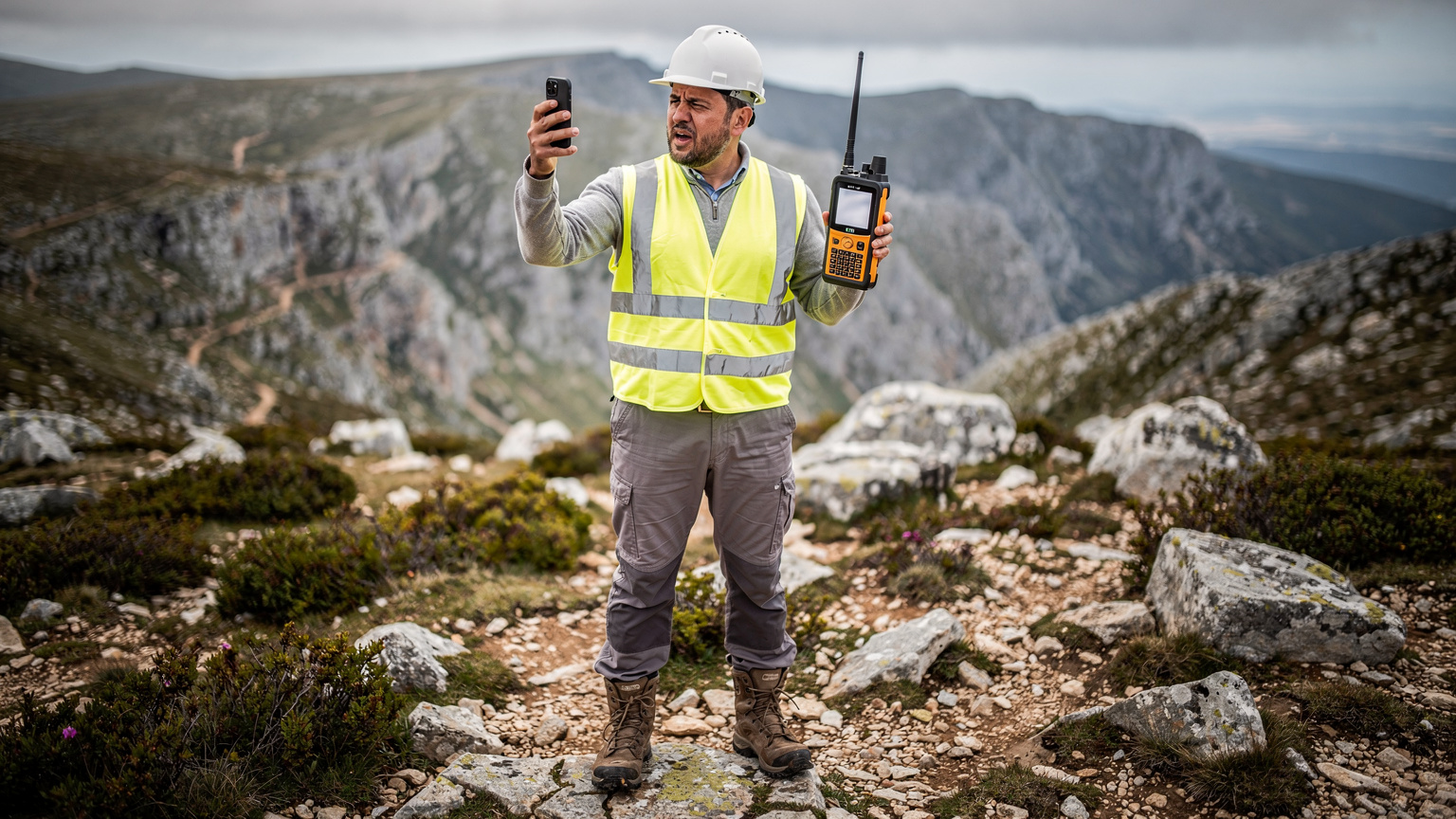 Um engenheiro de telecomunicações com colete de alta visibilidade e capacete, segurando um telemóvel e um dispositivo de medição de sinal, visivelmente frustrado em uma área rural montanhosa de Portugal.