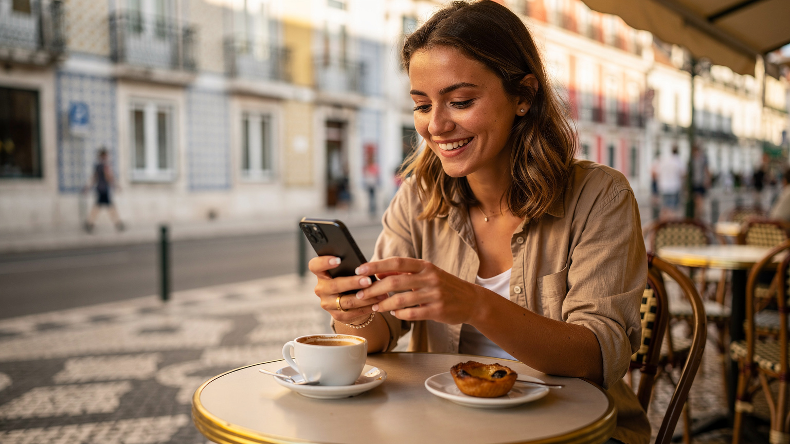 Uma mulher sorridente em uma esplanada ensolarada em Lisboa, bebendo um café e configurando um eSIM em seu iPhone, com um pastel de nata na mesa.