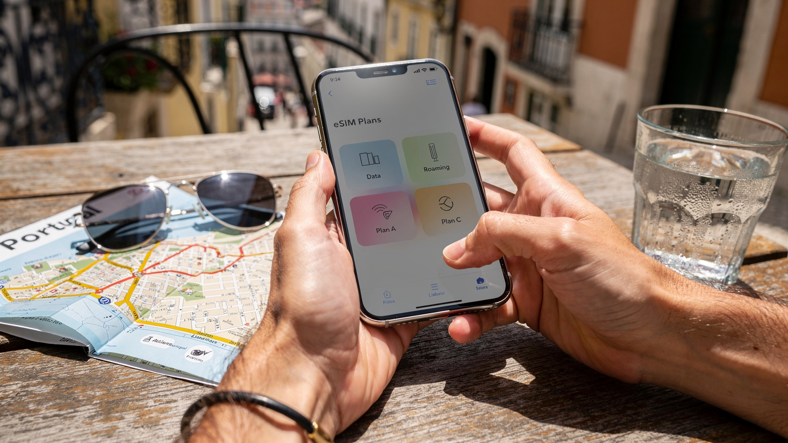 Um viajante comparando diferentes planos de eSIM em seu telemóvel, com um mapa turístico de Portugal e óculos de sol sobre a mesa de um café em Lisboa.