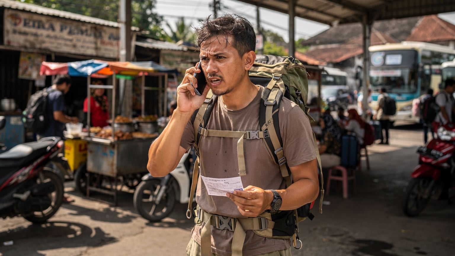 Asya'da bir otobüs terminalinde, elinde telefonunu tutan bir gezgin, eSIM.io müşteri hizmetleriyle iletişim kurmaya çalışıyor gibi görünüyor, yüzünde hafif bir endişe var.