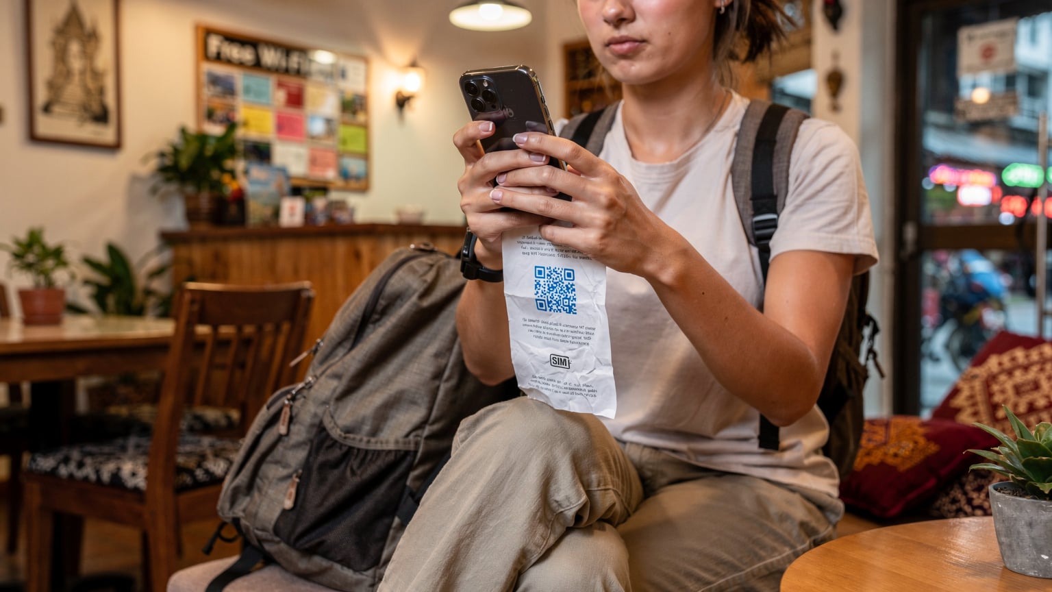 Bir gezgin, akıllı telefonunda eSIM kurulumu için gelen QR kodunu okutmaya çalışırken, bir yandan da hostel lobisindeki Wi-Fi bağlantısını kontrol ediyor.
