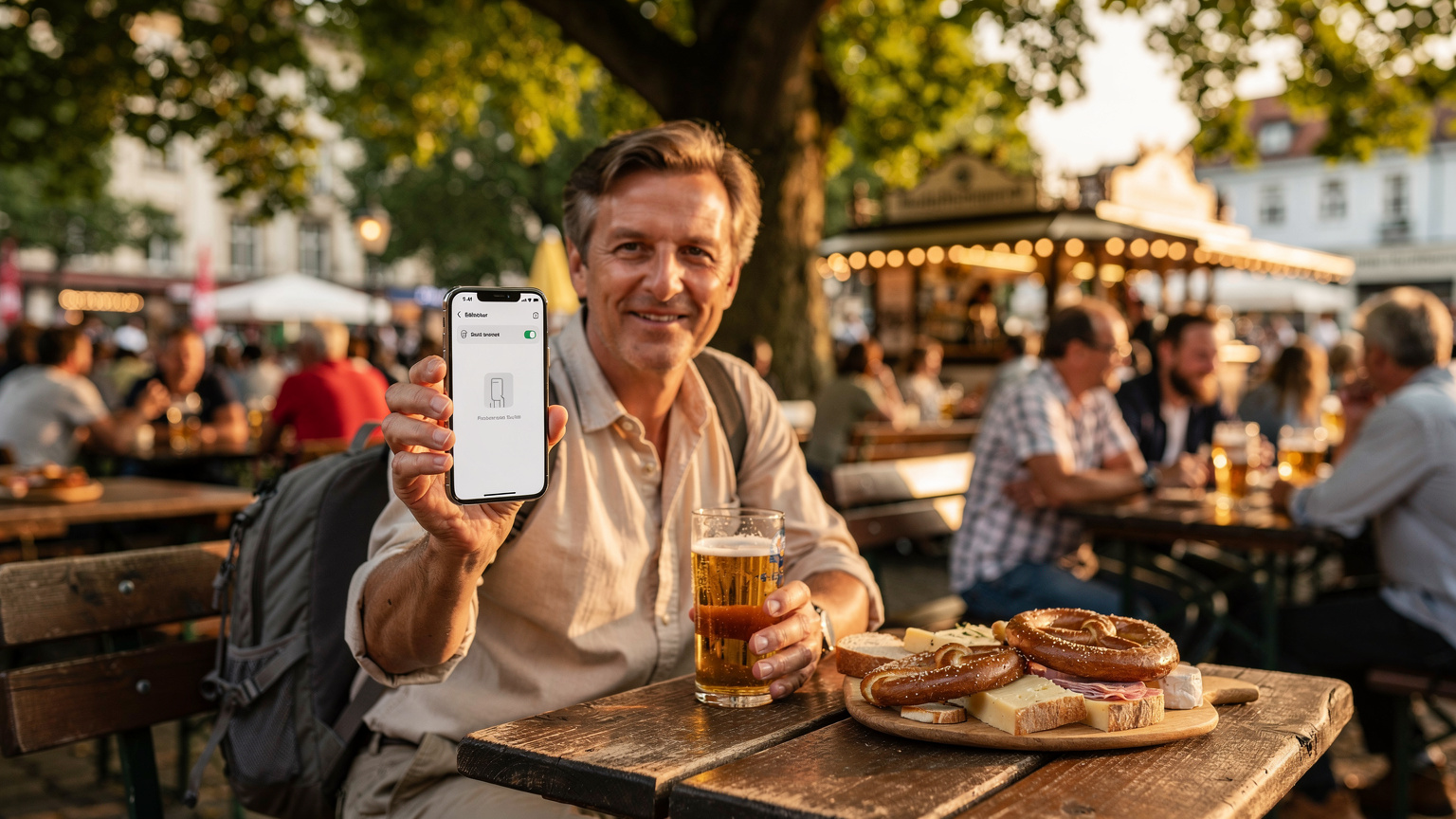 Ein Reisender sitzt in einem lebhaften Biergarten in München, Deutschland, und zeigt sein Smartphone mit einer geöffneten App zur Verwaltung von eSIM-Profilen und Netzwerkeinstellungen.