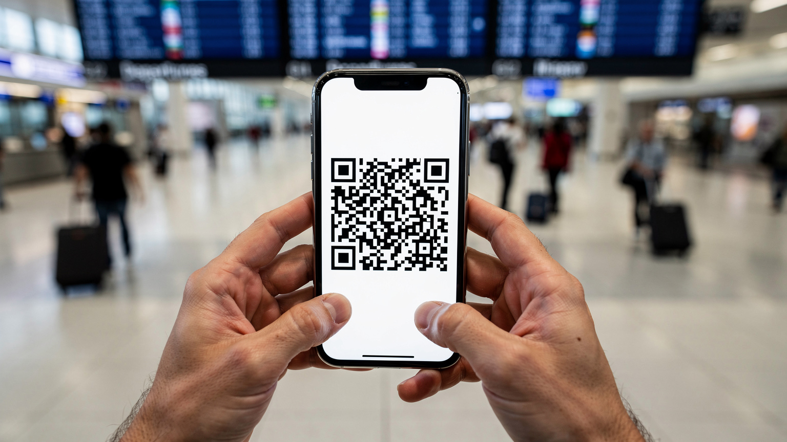 Nahaufnahme von Händen, die ein Smartphone halten, auf dem eine eSIM-Aktivierung über einen QR-Code-Scan angezeigt wird, mit einem leicht unscharfen Hintergrund eines geschäftigen Flughafens.
