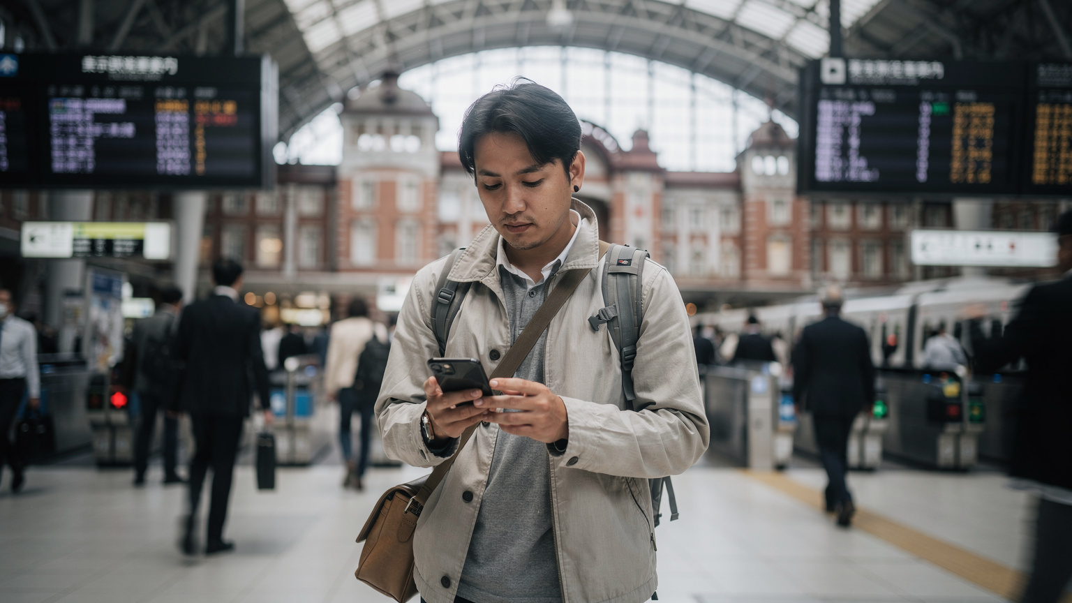 Eine Person hält ein Smartphone in einem geschäftigen Bahnhof in Japan (z.B. Tokyo Station), während sie durch die eSIM-Einstellungen navigiert, mit einem leicht unscharfen Hintergrund von Zuganzeigetafeln und Reisenden.