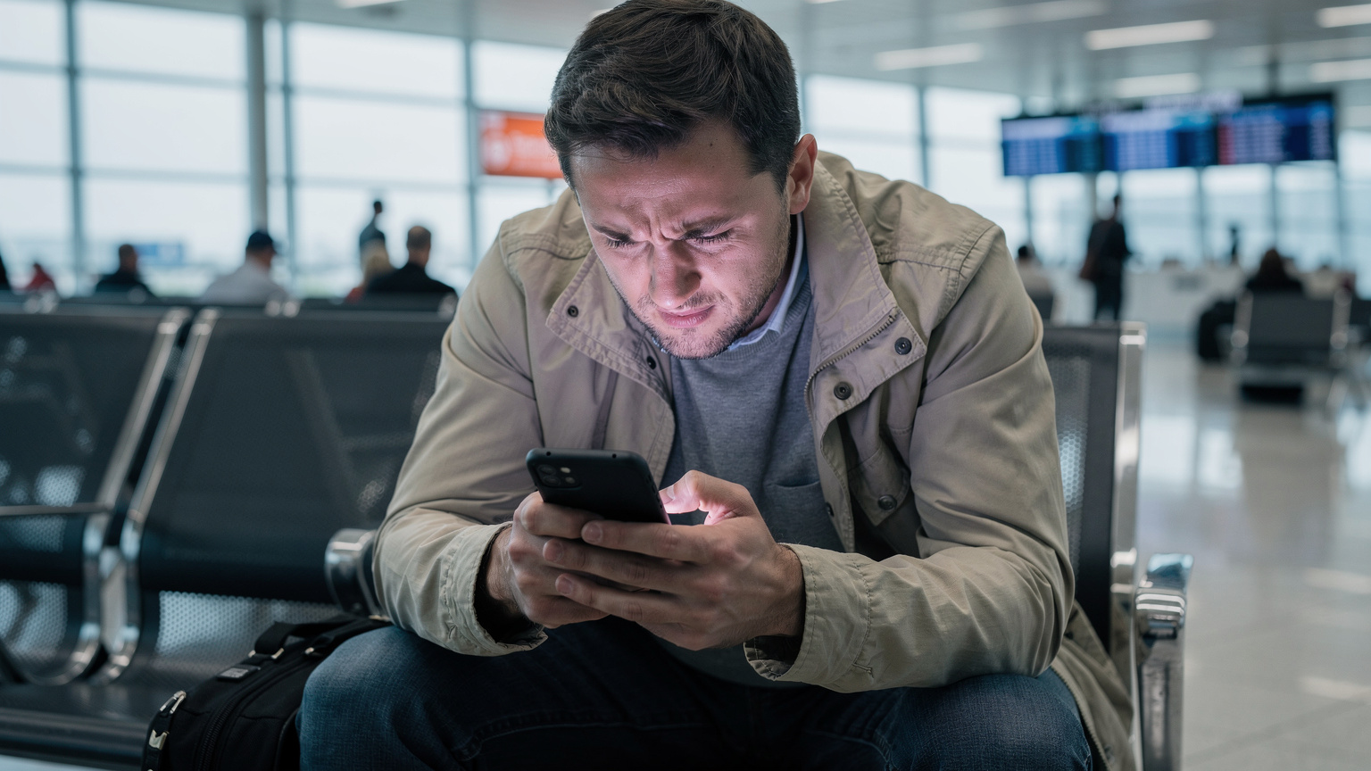 Ein Reisender prüft besorgt die Mobilfunkrechnung auf seinem Smartphone, die hohe Roaming-Gebühren ausweist, während er an einem Flughafen-Gate sitzt.