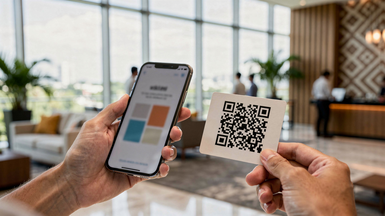 Close-up tangan seorang pengembara dengan lancar mengimbas kod QR eSIM pada skrin telefonnya di lobi hotel yang moden dan terang di Bukit Bintang, Kuala Lumpur.