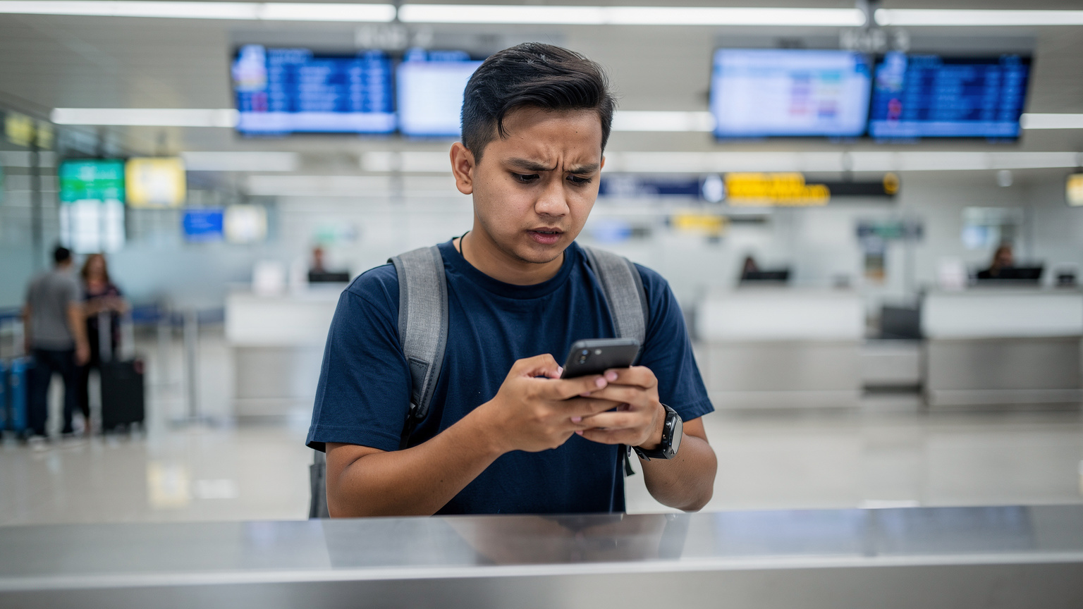 Seorang pengembara muda, kelihatan sedikit cemas, melihat telefonnya di kaunter daftar masuk lapangan terbang KLIA, mungkin menghadapi masalah sambungan data.