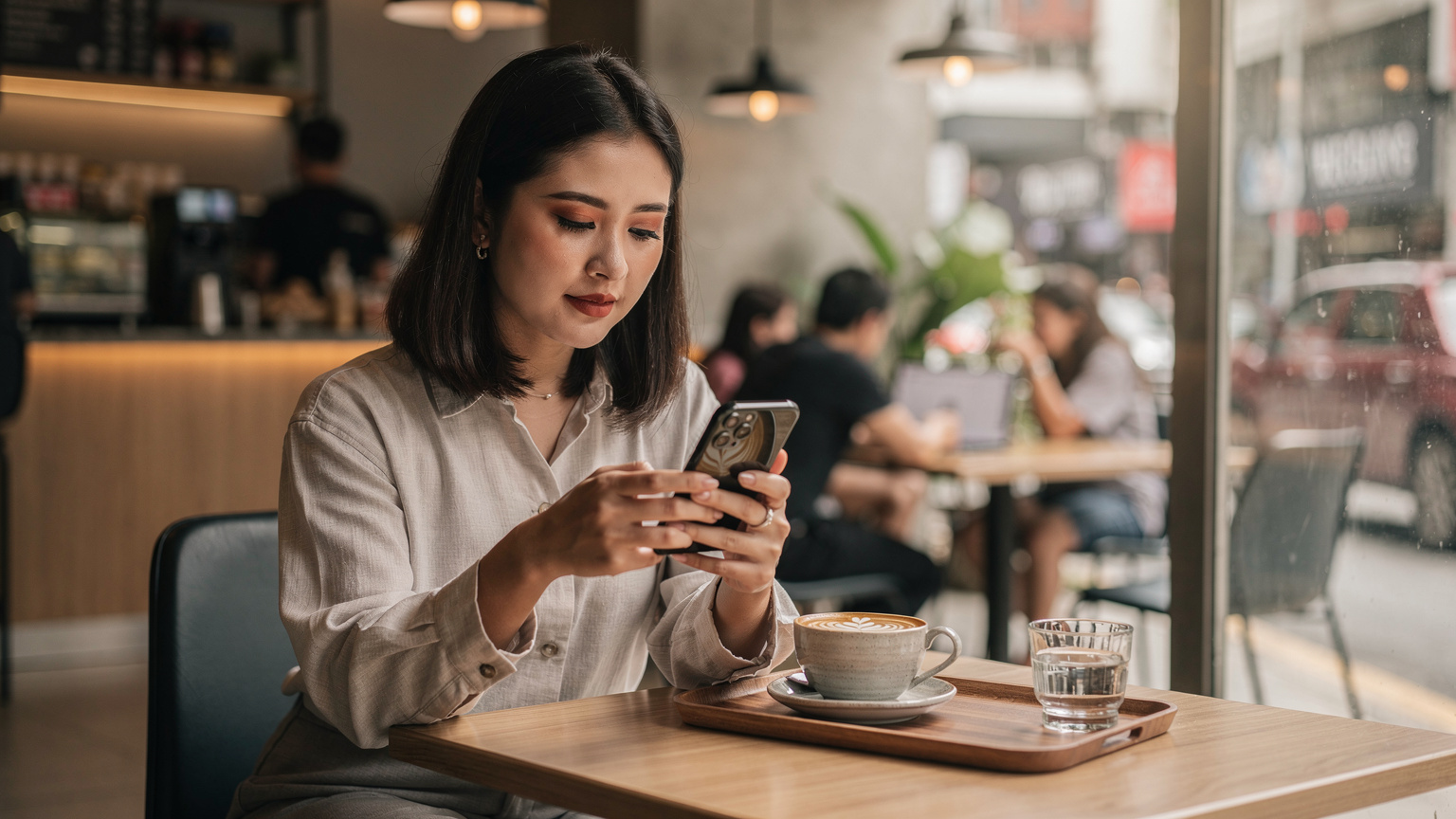 Seorang wanita muda melihat menu di kedai kopi hip di Bukit Bintang, Kuala Lumpur, dengan telefonnya di tangan, membandingkan harga eSIM.