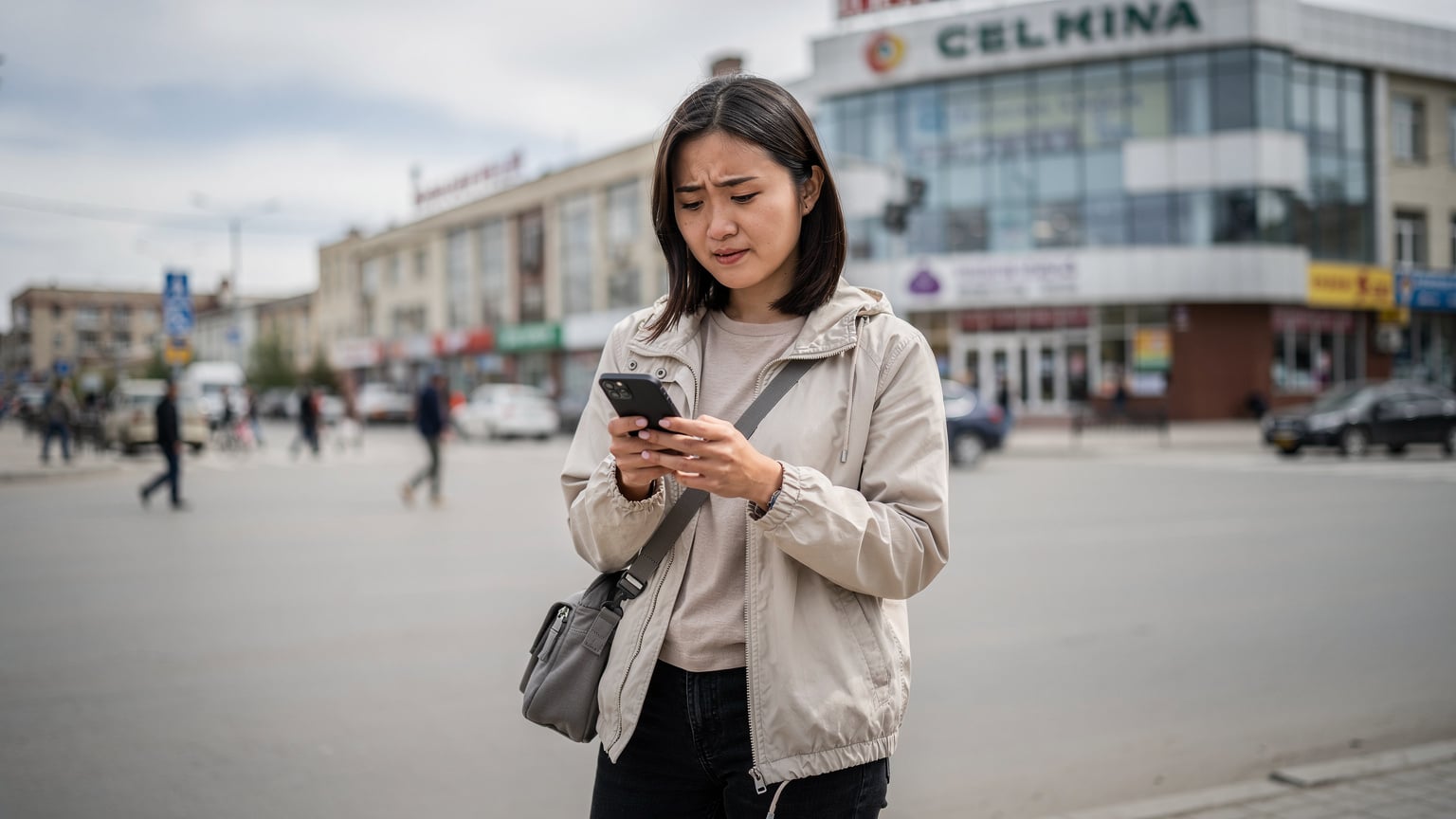 ウランバートルの街角で、スマートフォンを使ってCellesimのeSIMプランを比較検討する日本人旅行者。