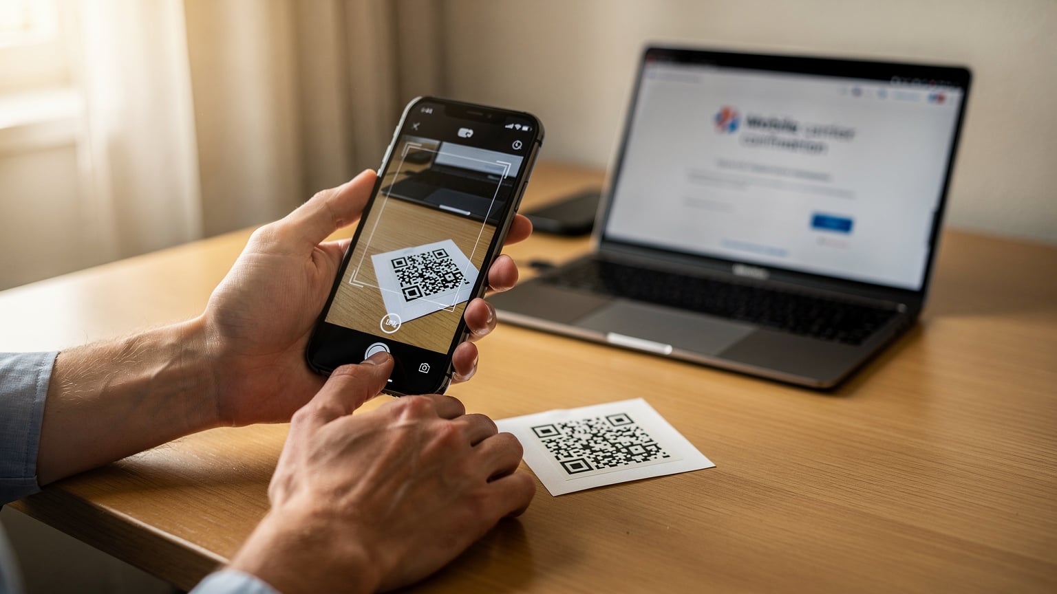 Ein Reisender scannt einen QR-Code von einem ausgedruckten Blatt Papier, um eine eSIM auf seinem Smartphone zu aktivieren, mit einem Laptop im Hintergrund, der eine Bestätigungsseite anzeigt.