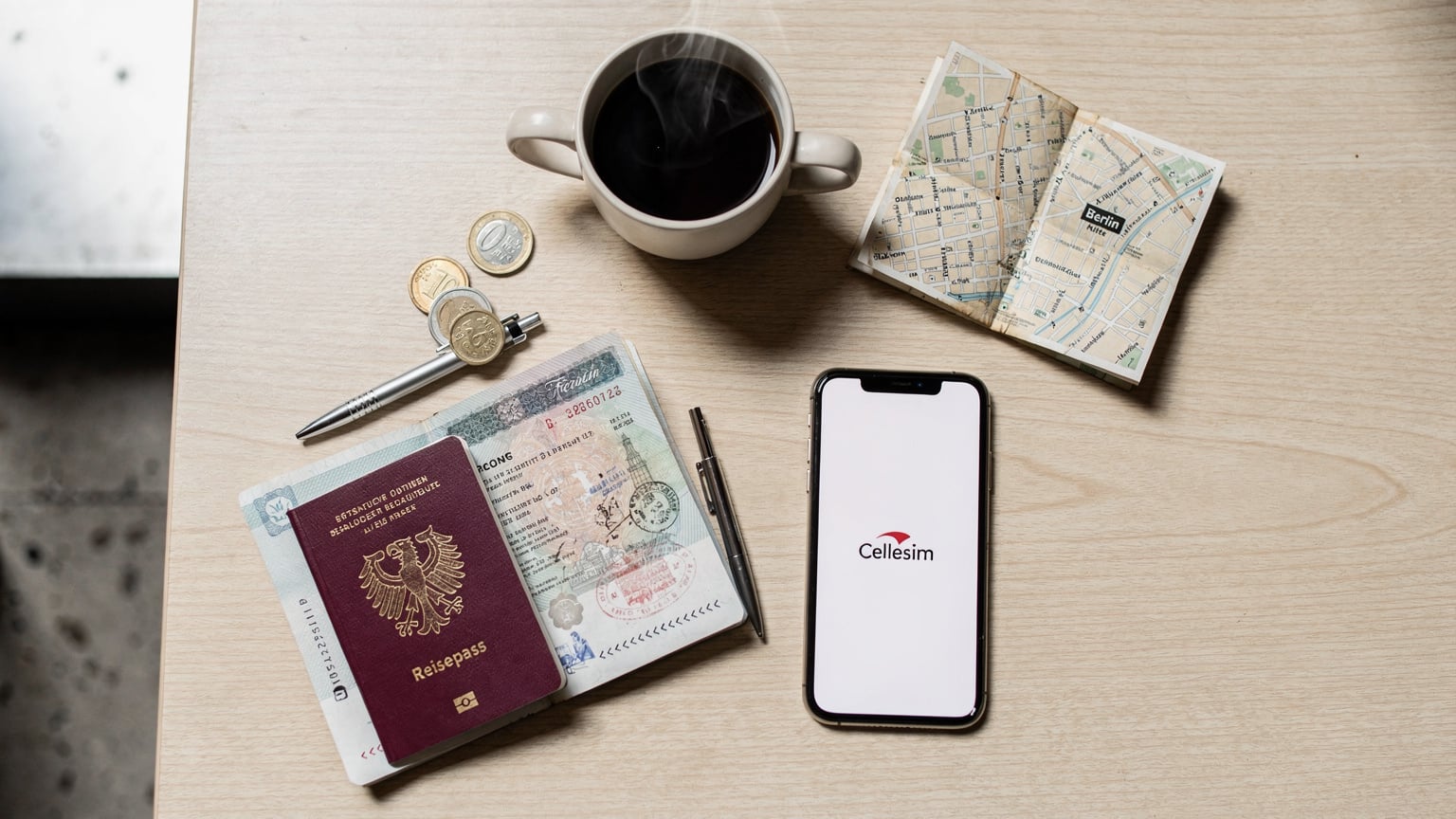 Eine stilvolle Overhead-Ansicht eines Reisetisches mit einem geöffneten deutschen Reisepass, einem Smartphone mit Cellesim-Logo auf dem Bildschirm, einer Tasse Kaffee und einer kleinen Karte von Berlin-Mitte.