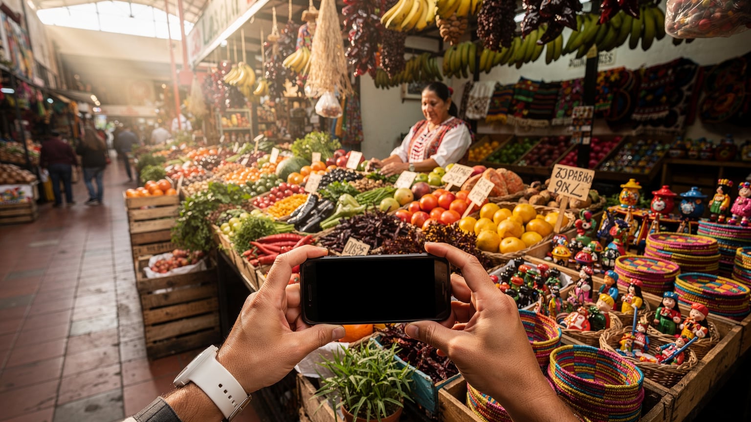 Ein bunter Marktstand in Mexiko-Stadt mit frischem Obst und Gemüse, im Vordergrund ein Tourist, der mit seinem Smartphone ein Foto macht und dabei eine Cellesim eSIM benutzt.