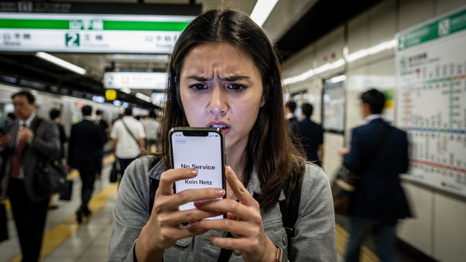 Eine junge Frau mit verzweifeltem Gesichtsausdruck hält ihr Smartphone hoch, dessen Bildschirm einen "Kein Netz"-Fehler anzeigt, während sie in einer belebten U-Bahn-Station in Tokio steht.