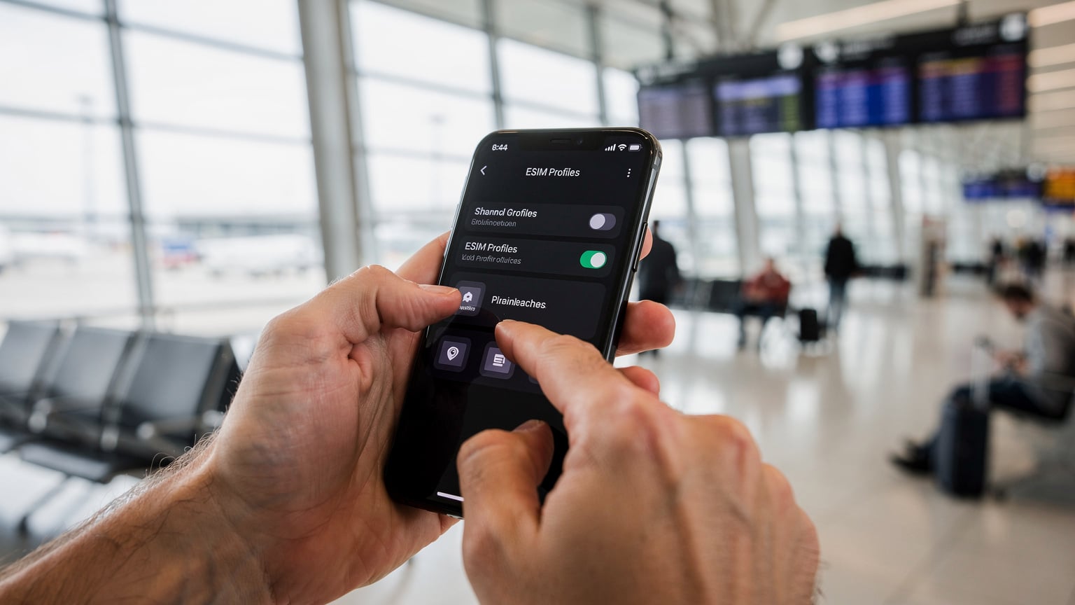 Nahaufnahme von Händen, die ein Smartphone halten und auf dem Bildschirm zwischen verschiedenen eSIM-Profilen wechseln, mit verschwommenem Hintergrund eines Flughafenterminals.