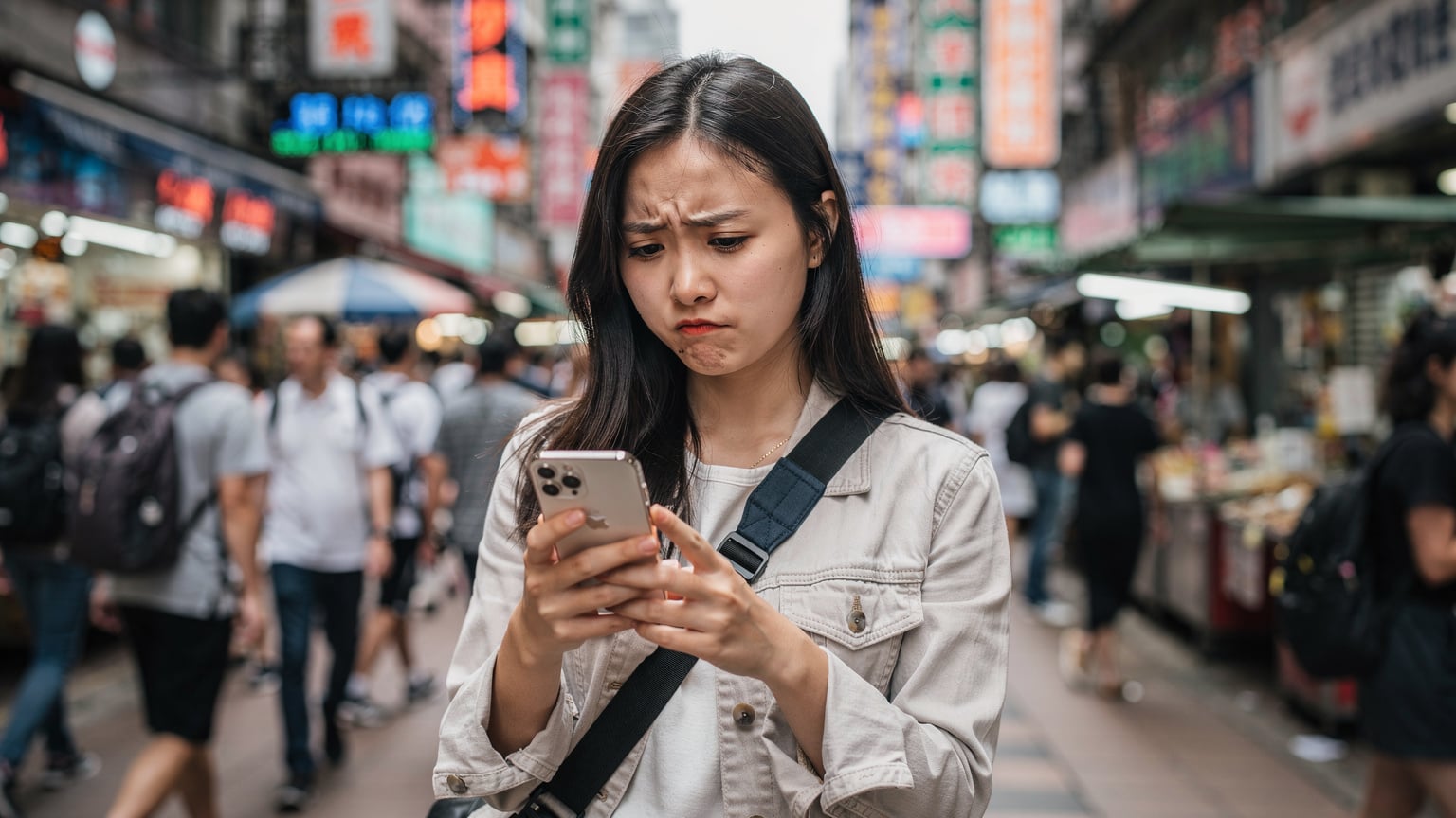 一名在香港旺角街頭的旅客，手持大陸版 iPhone，臉上帶著困惑的表情，似乎在為網絡連接問題煩惱。