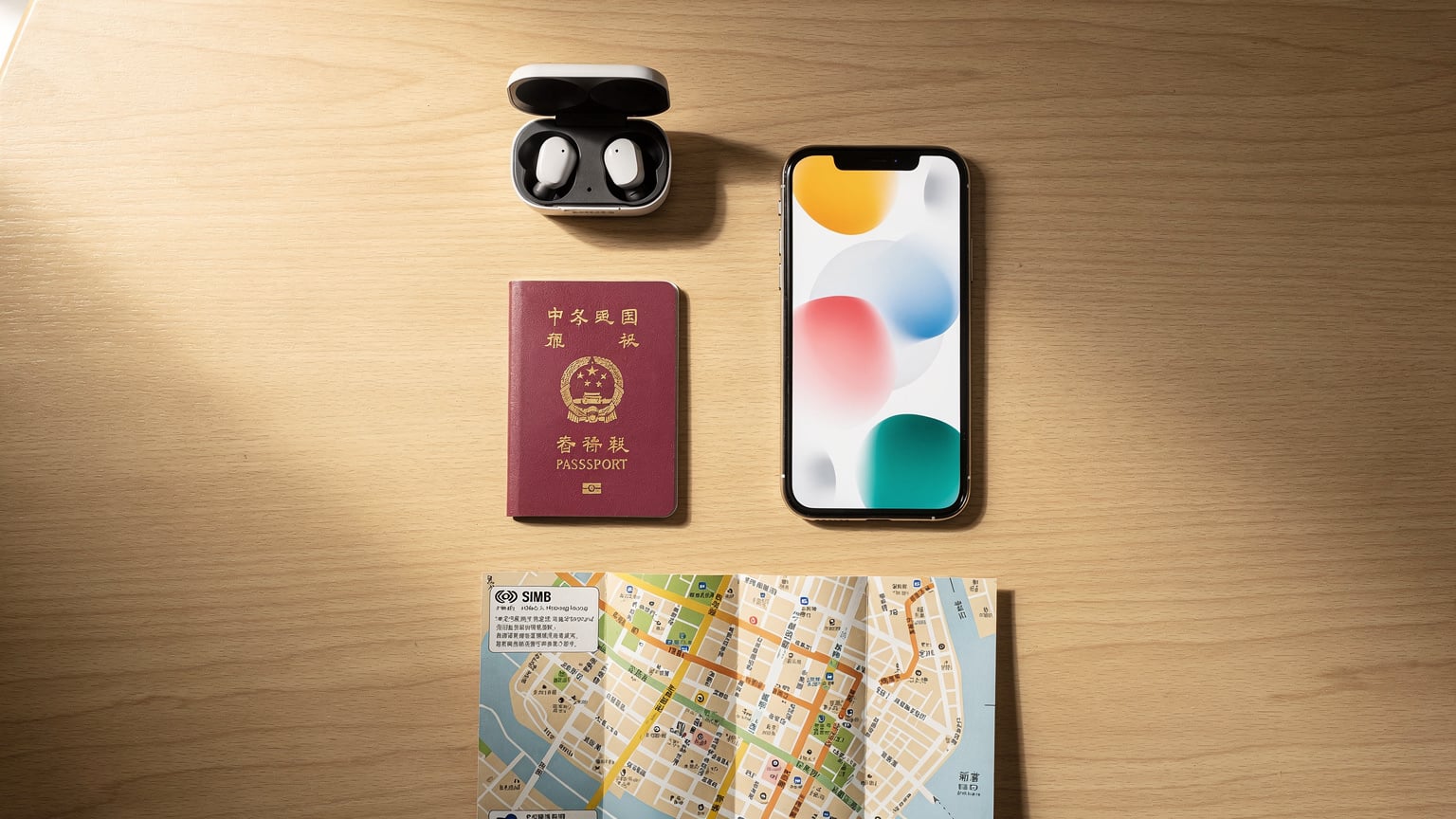 一張俯拍的旅行者桌面，上面有護照、手機（屏幕顯示 eSIM 設置界面）、耳機和一張香港地圖，呈現出準備出行的感覺。